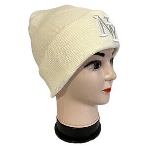 Embroidered NY Men Women Winter Knit Warm Fur lined Beanie Hat - White